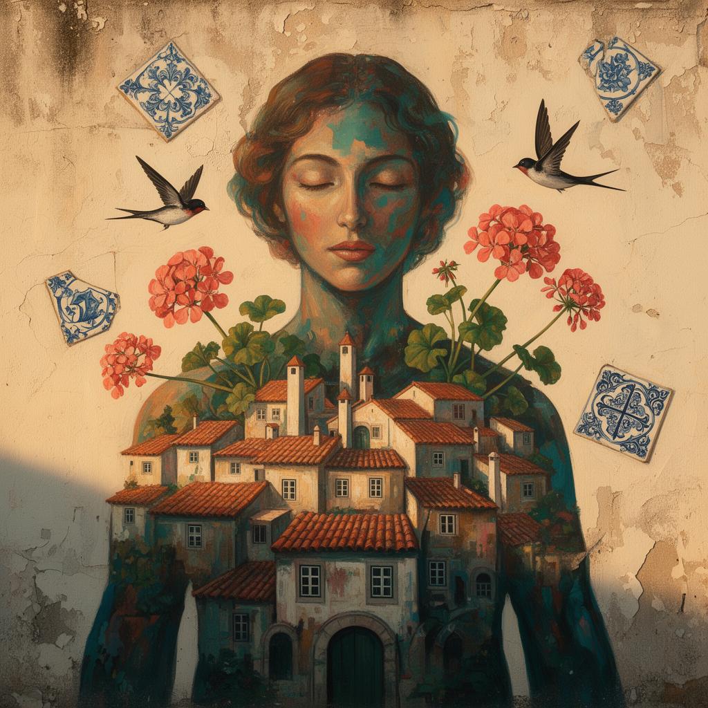Mural surrealista de uma figura cujo corpo é uma aldeia portuguesa com telhados de telha vermelha