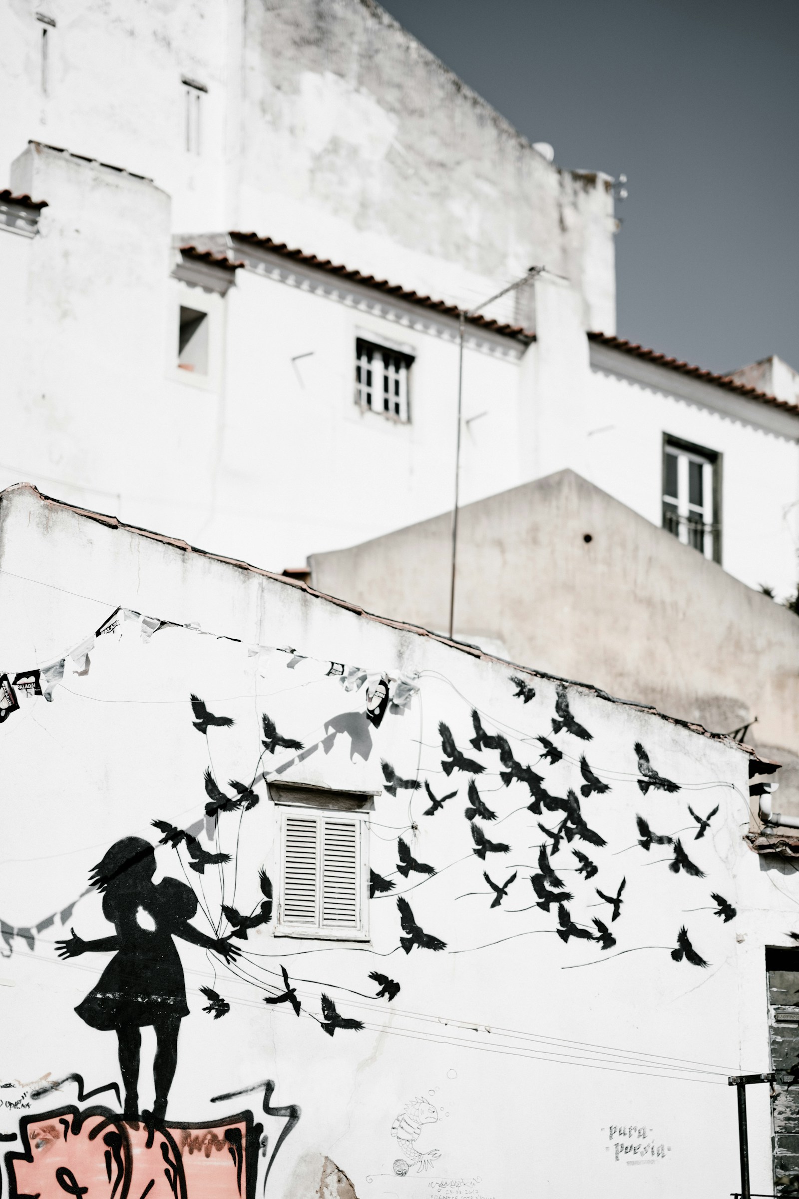 Mural surrealista de uma mulher cujos cabelos se entrelaçam com pássaros e telhados vermelhos portugueses