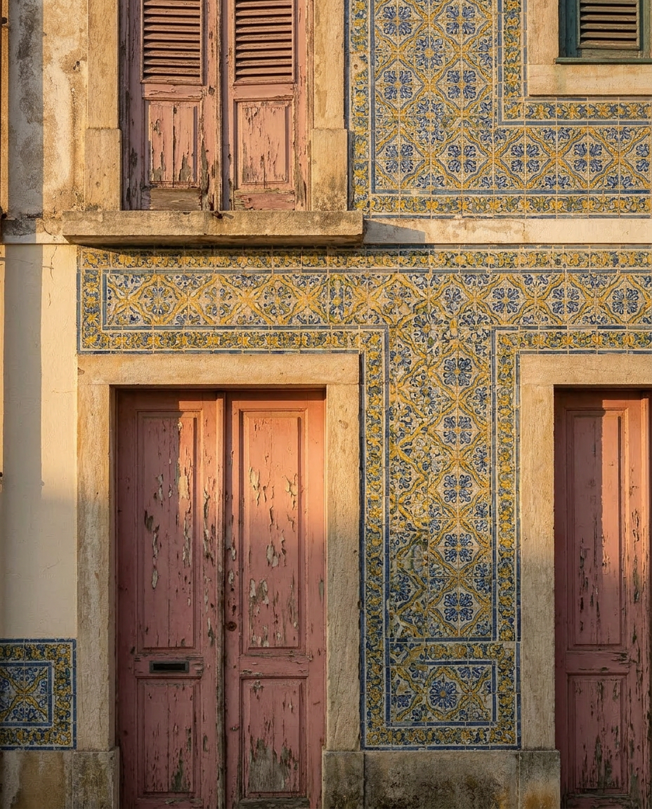 Ilustração de fachadas de casas portuguesas fechadas com placa Vende-se